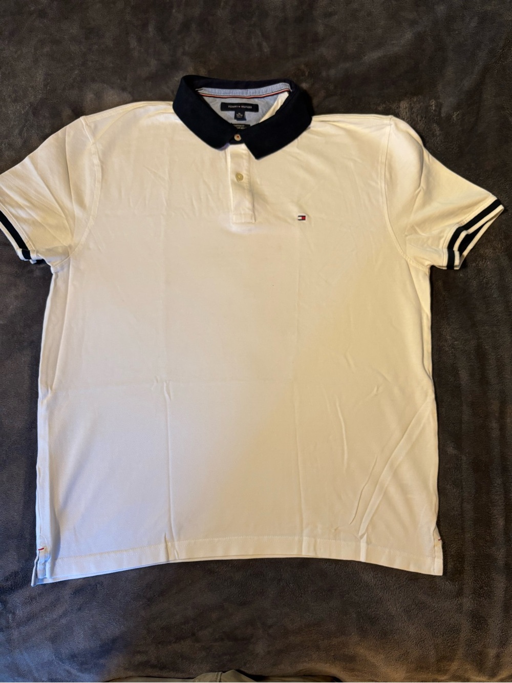 Tommy Hilfiger White Polo with Navy Collar and Sleeve Stripes